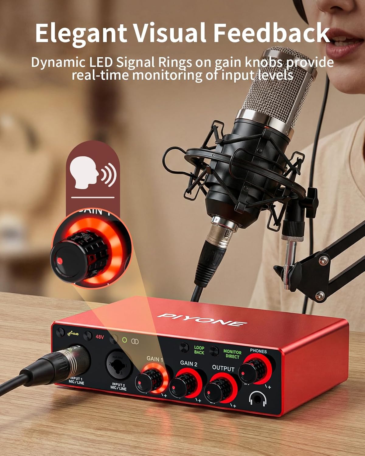 Audio Interface, 2X2 24-bit/192kHz Interface for High-Fidelity, Studio Quality PC/Mac/iOS Recording, XLR/TRS Combo Input, Monitor Mix/Loopback Function, One-Cable Setup(Alloy Red)