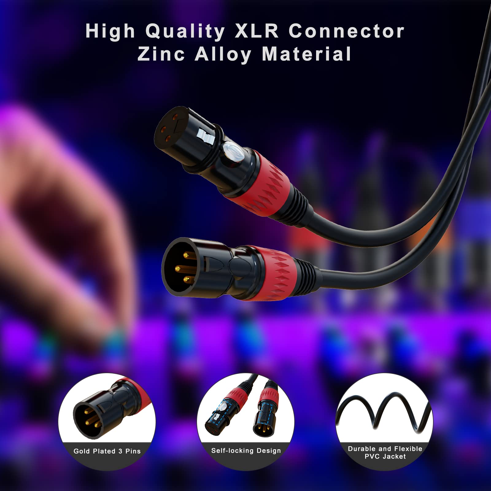 XLR Cables, XLR Microphone Cable 25 ft 6 Pack, Gold-Plated 3-pin XLR Speaker Cable Male to Female Balanced Mic Cable