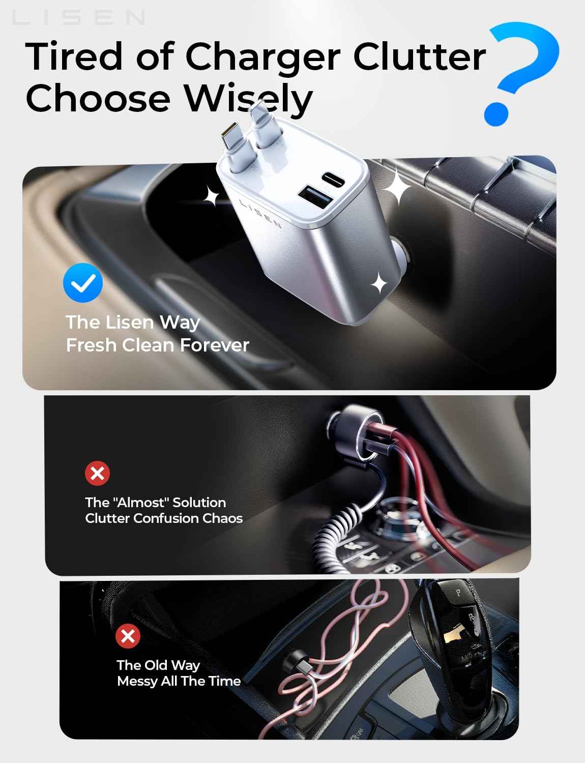 LISEN Retractable Car Charger, Gifts for Mothers Day 2026, 84W Car Charger USB C Fast Charge, Gifts for Mom Dad Him Her, Travel Essentials Car Accessories for Men Women Gifts for iPhone 17 16 15 14 13