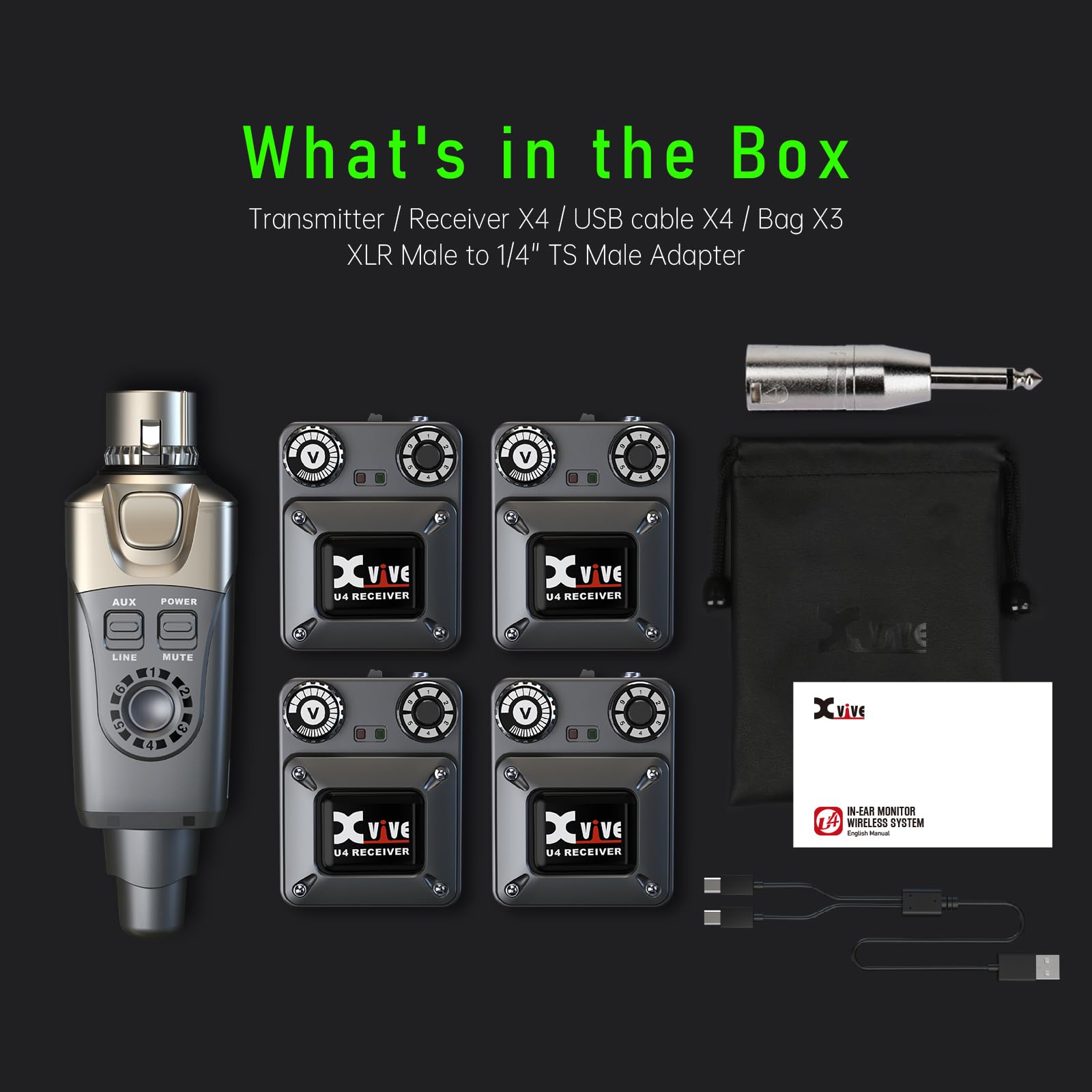 Xvive U4 Wireless in-Ear Monitor System Professional IEM System Transmitter and Beltpack Receiver for Studio, Band Rehearsal,Live Performance (U4)
