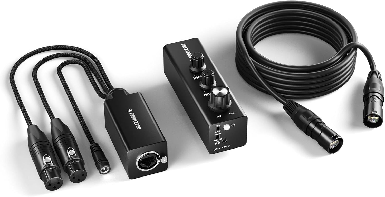 Phenyx Pro dual-channel IEM monitor amp with XLR cables and coiled headphone leads