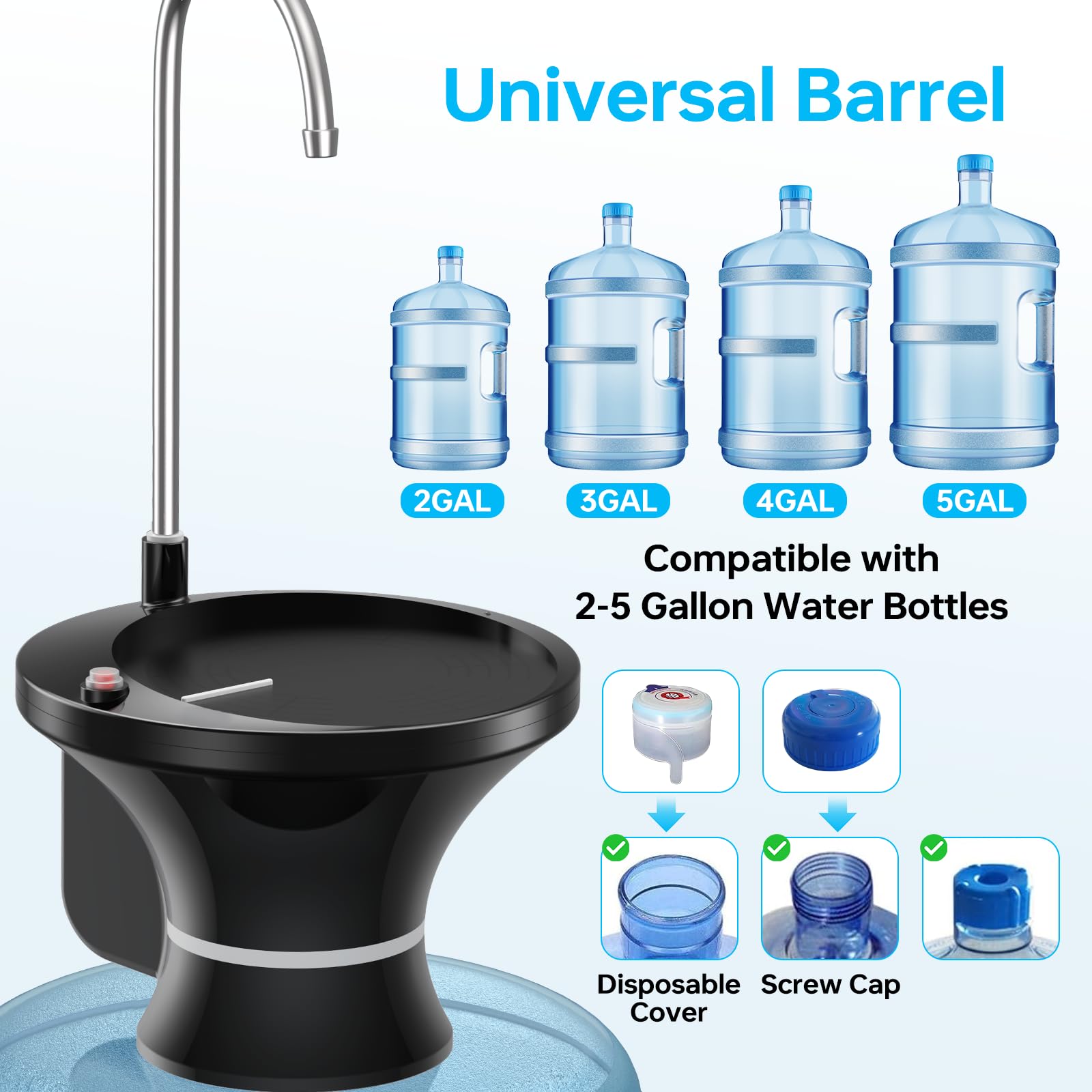 Water Dispenser for 5 Gallon Bottle, Electric Drinking Water Bottle Pump for 2-5 Gallon Jugs, USB Rechargeable Water Pump with 2 Switch Control for Home, Office, Camping