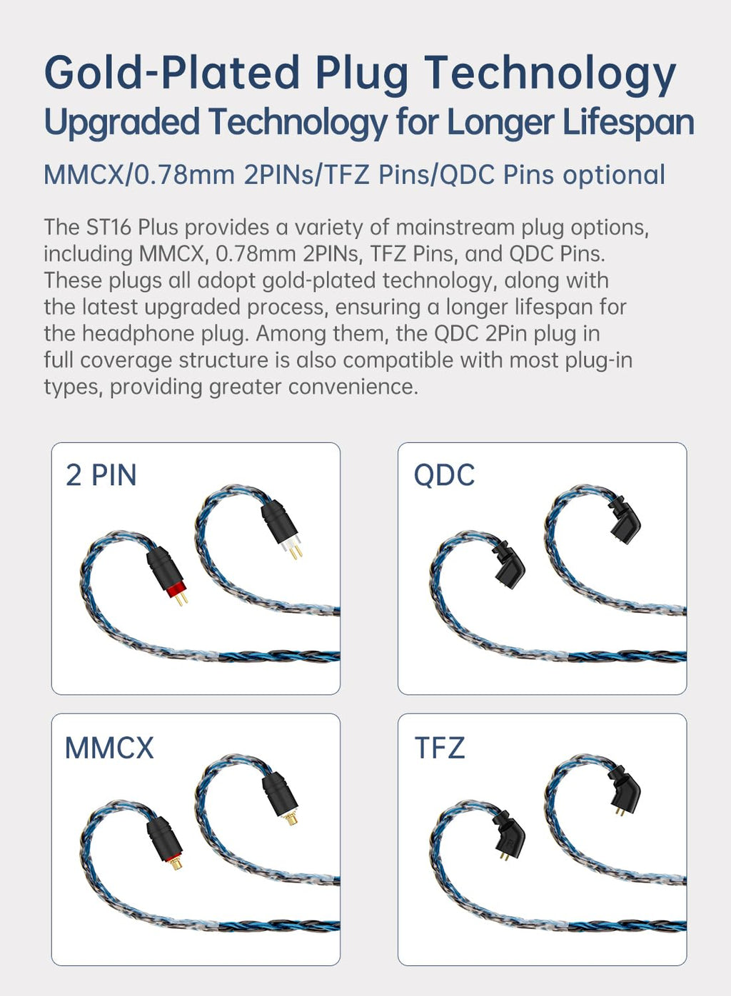 KBEAR ST16 Plus Long IEMs Earphone Cable with QDC-Type Pin for KZ ZSN/ZSN PRO /EDX PRO/ZS10 PRO/ZSN PRO X/ZS12 PRO X/ZSX/ZAS/ZVX/AS16/ZAR/DQS/ASX/D-Fi/Castor/PR2/PR3/ZEX CCA CRA/C12/C10PRO (QDC 3.5MM)
