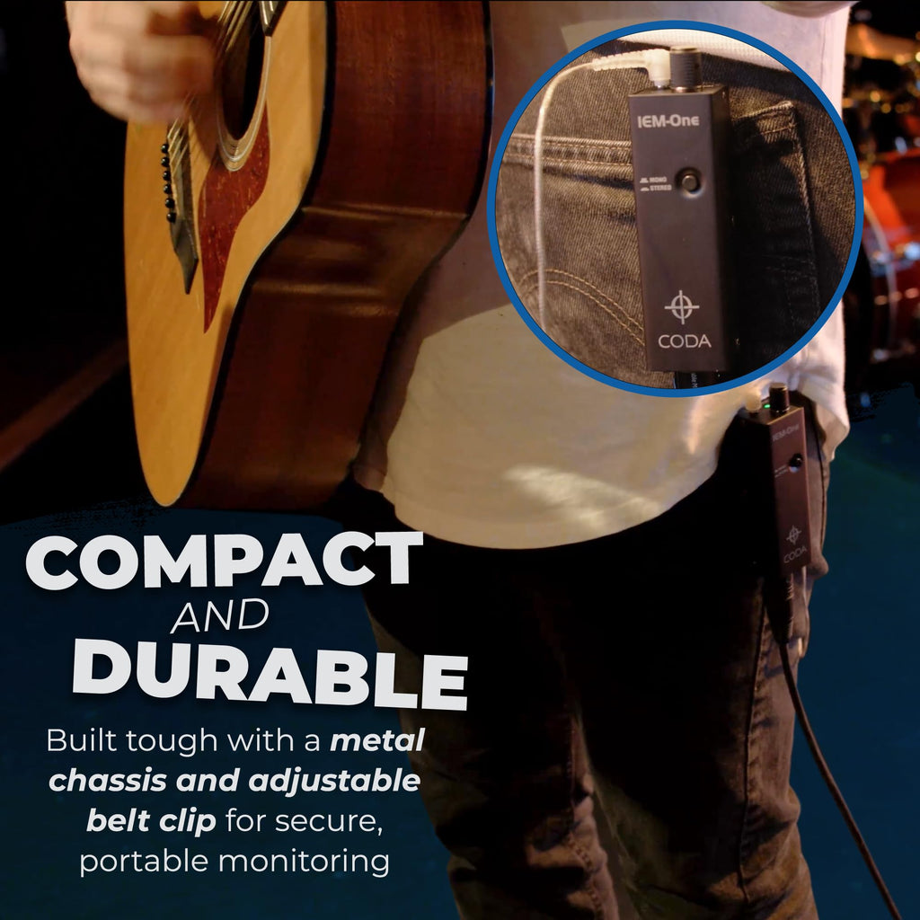 Coda Ultra-Compact Personal in Ear Monitor Amplifier - Double Channel Headphone Amplifier System with XLR & TRS Input - Portable IEM Amp with Mono & Stereo Mix Panning - Sturdy Housing with Belt Clip