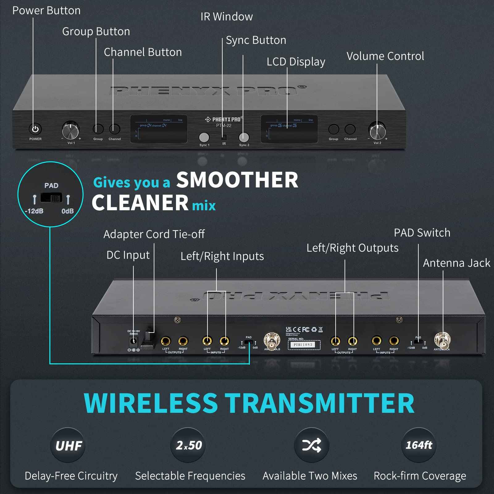 Phenyx Pro UHF Mono Dual Wireless in-Ear Monitor System, Metal Wireless IEM System, Sturdy Bodypack Receiver, 2x50 Frequencies, Separate Outputs,164ft Operation, Suitable for Band and Studio (PTM-22)