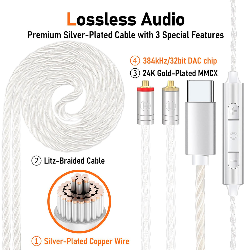 Vibes 202MC USB-C Wired Earbuds - USBC HiFi in Ear Headphones for iPhone 17/16/15 - Noise Isolating Ear Buds w/ Mic - Clear Sound, Deep Bass & Comfort-Fit Earphones - Silver Plated Cord, Carrying Case