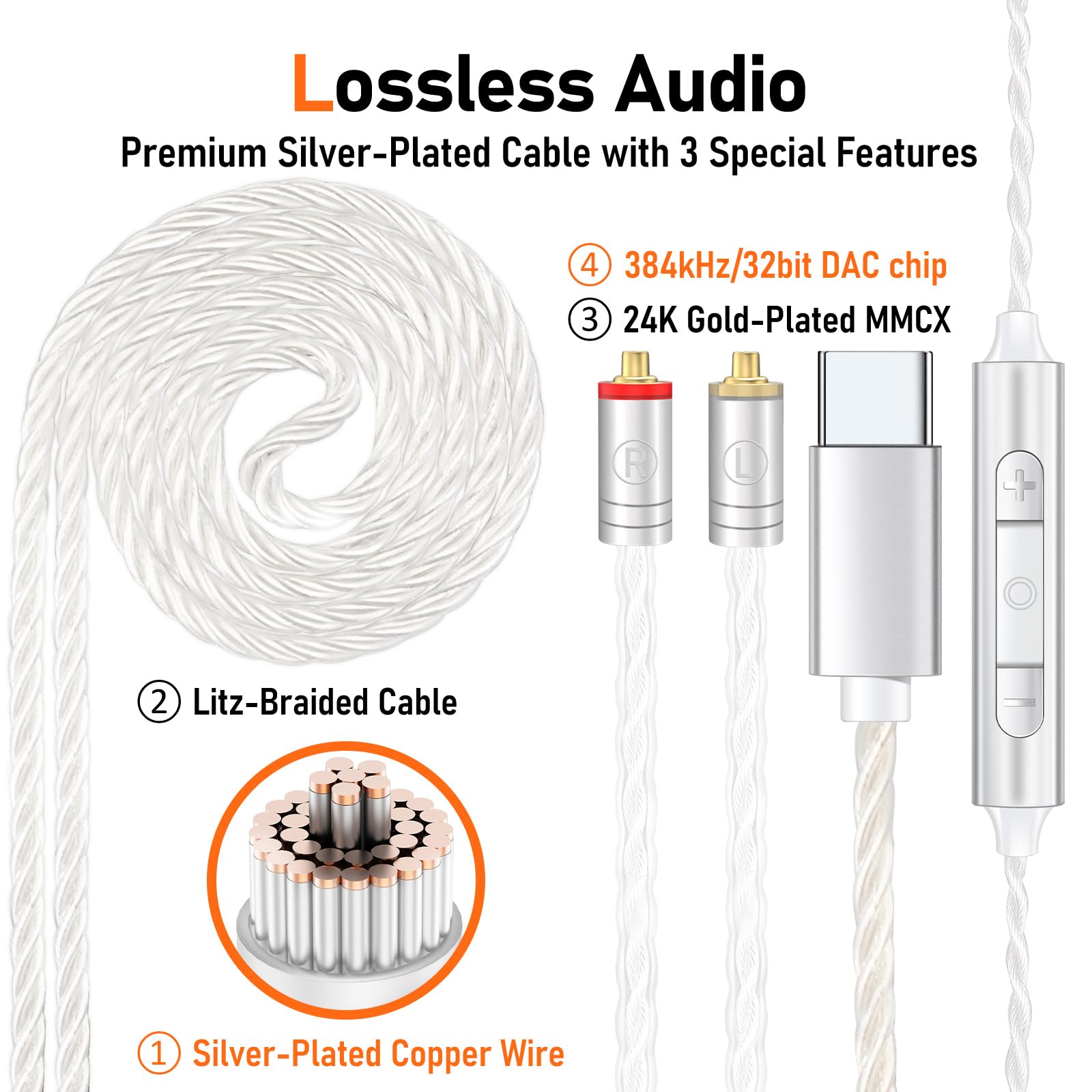 Vibes 202MC USB-C Wired Earbuds - USBC HiFi in Ear Headphones for iPhone 17/16/15 - Noise Isolating Ear Buds w/ Mic - Clear Sound, Deep Bass & Comfort-Fit Earphones - Silver Plated Cord, Carrying Case