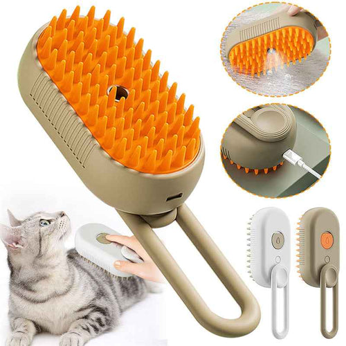 Electric spray pet grooming brush with orange bristles, beige body, and side button