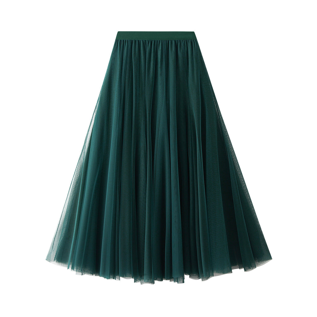 New Autumn And Winter High Waist Mid-length Tulle Skirt Pleated Skirt