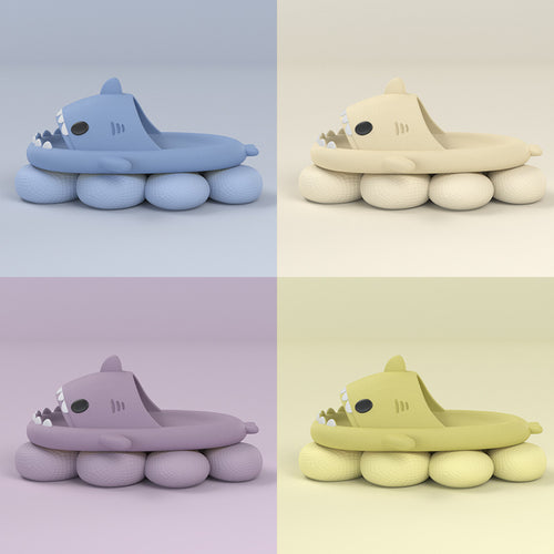 Cartoon shark slippers pair in blue, padded sole and cartoon smile teeth