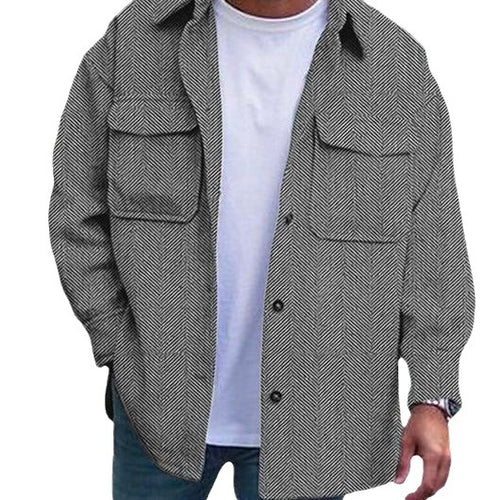 Men's polo-collar coat shirt in dark gray herringbone with button front and flap chest pockets.