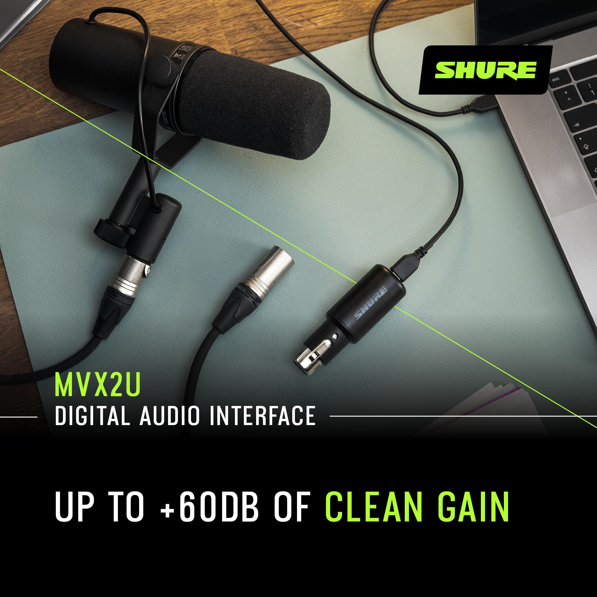 Shure MVX2U Gen 2 XLR-to-USB-C Digital Audio Interface, Apple MFi Certified, Portable Setup for Audio Processing, Noise-Free Recording Between XLR and USB-C Devices