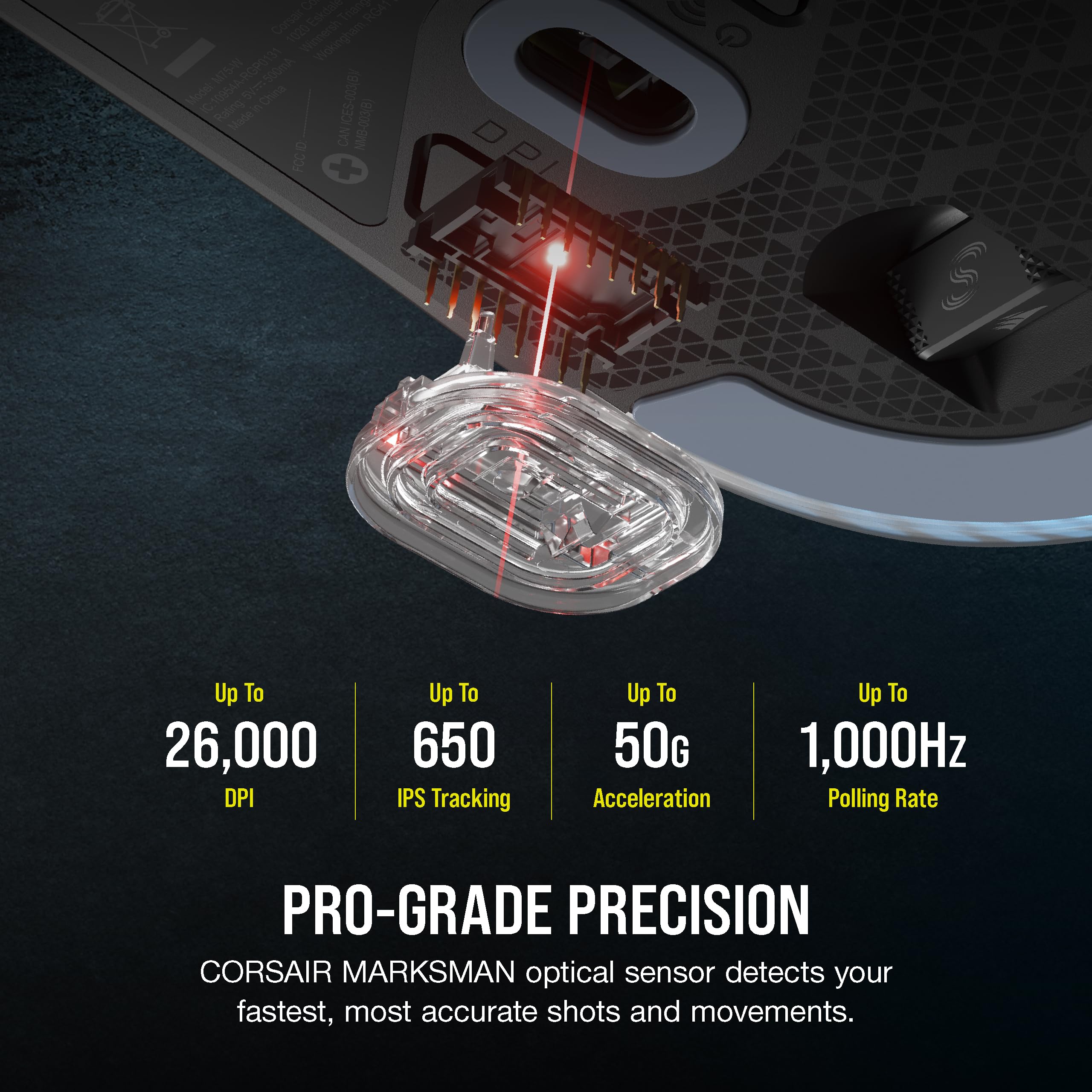 Corsair M75 Wireless Gaming Mouse - 26,000 DPI, Lightweight FPS Design, Swappable Side Buttons, iCUE Compatible, Black