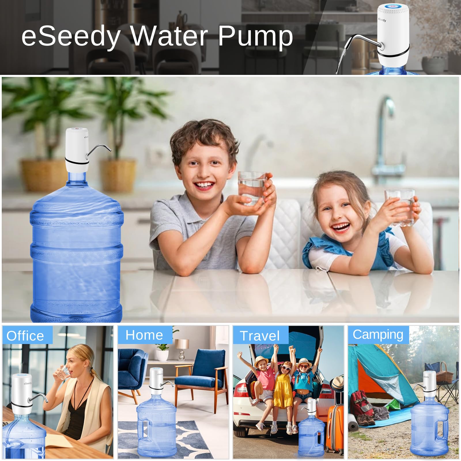 Water Pump for 5 Gallon Bottle, USB Charging Automatic Water Dispenser with Rechargeable Battery, Portable Electric Drinking Water Jug Pump for Home, Kitchen, Living Room, Office, Camping - Black