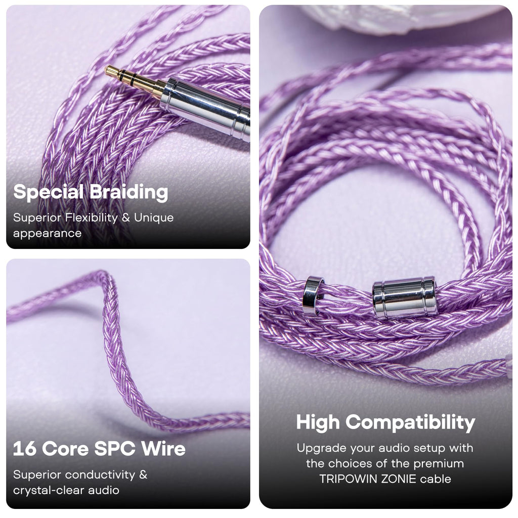 Linsoul Tripowin Zonie IEM Cable, 16 Core Silver Plated Earphone Upgraded Cords, 1.25m SPC in Ear Monitor Cable for 7hz Zero:2 Orchestra Lite Cadenza Hype4 Supermix4(2pin 0.78mm, 3.5mm)(Violet)