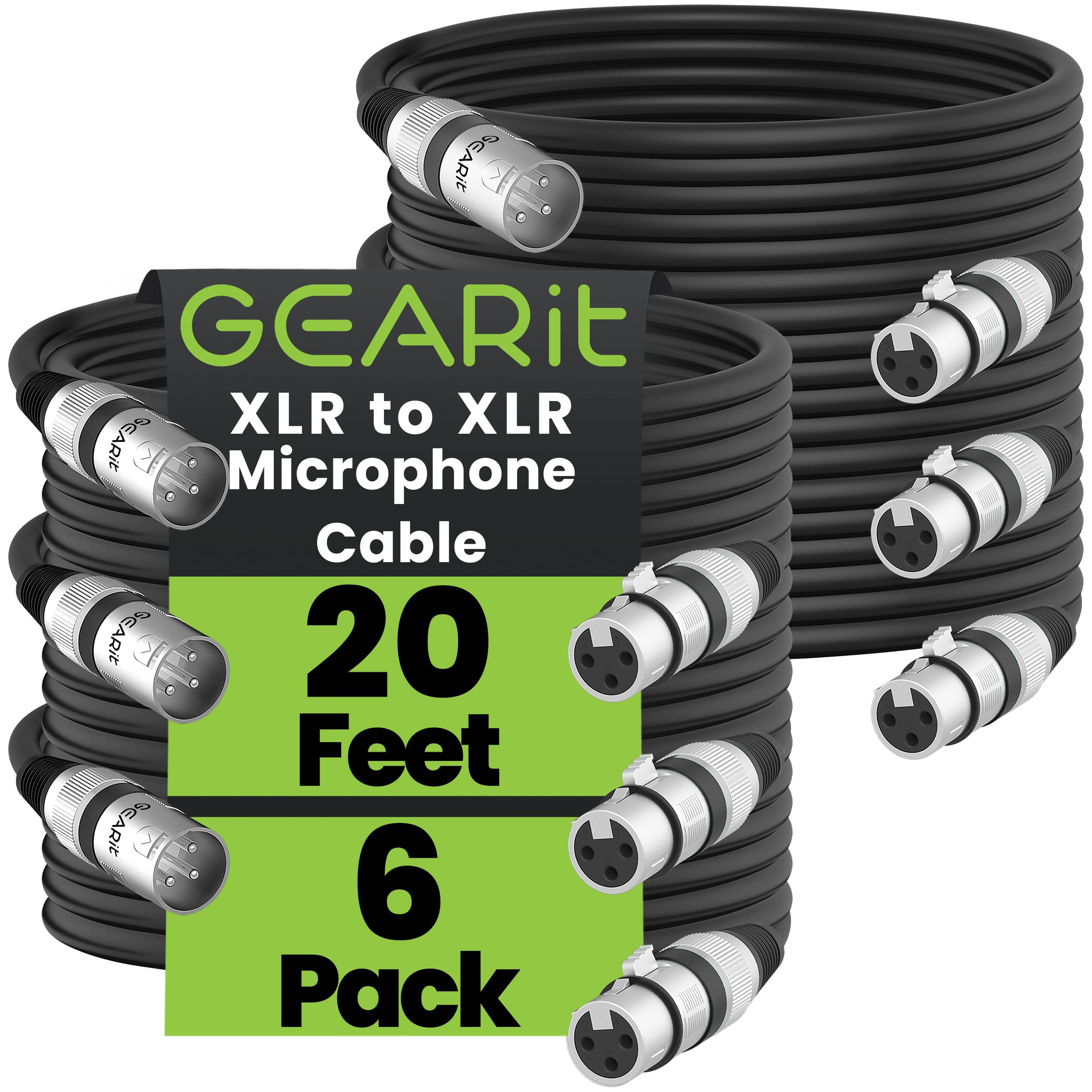 GEARit XLR Cables 20 ft 6 Pack, XLR Male to Female Microphone Cable, Balanced Shielded Mic Cable with Copper Conductors for Recording Studio, Podcast Setup, Stage Audio, Live Sound