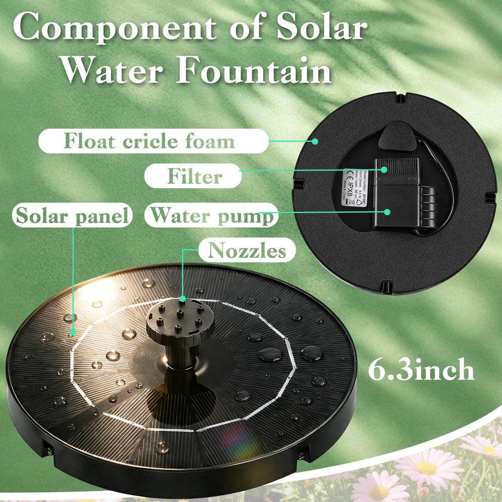 Solar Fountain Water Pump for Bird Bath, New Upgraded Mini Solar Powered Fountain Pump 1.5W Free Standing Solar Panel Kit Water Fountain for Garden, Pond, Pool, and Outdoor