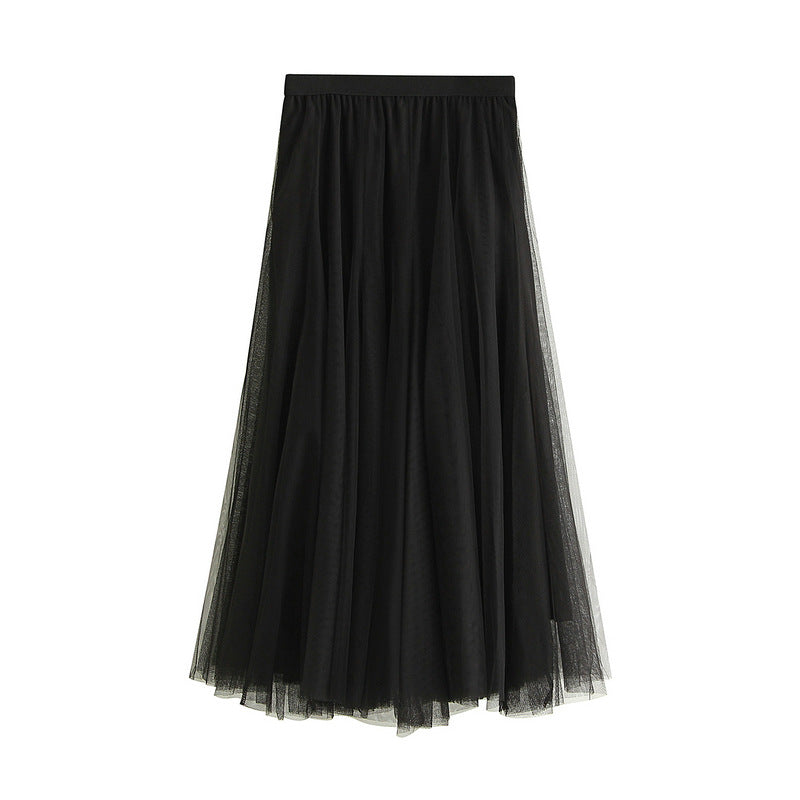 New Autumn And Winter High Waist Mid-length Tulle Skirt Pleated Skirt