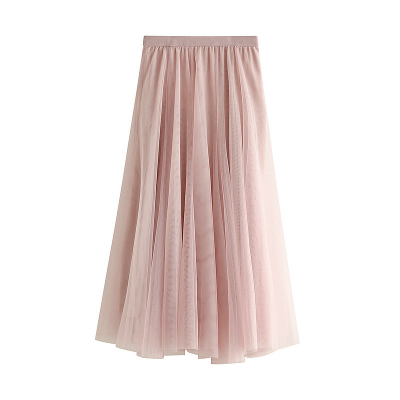 New Autumn And Winter High Waist Mid-length Tulle Skirt Pleated Skirt