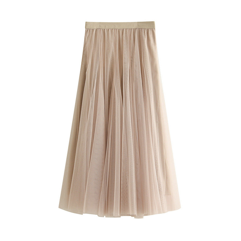 New Autumn And Winter High Waist Mid-length Tulle Skirt Pleated Skirt