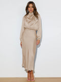 Elegant Temperament Long-sleeved Dress Satin Halterneck Formal Evening Dresses Women Clothing